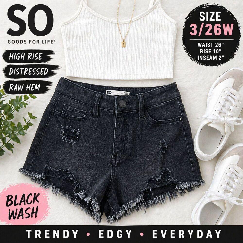 SO Black Wash High Rise Distressed Denim Shorts 3/26W Raw Hem